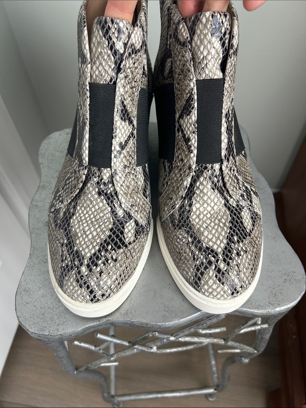 Snake-Print Slip-On Chelsea Booties in Beige and Black